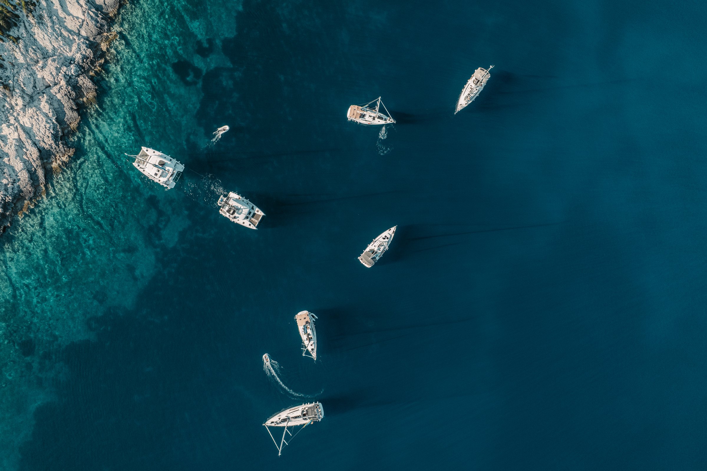 Aerial view of SailWeek Academy sailing boats beside the Croatian coast